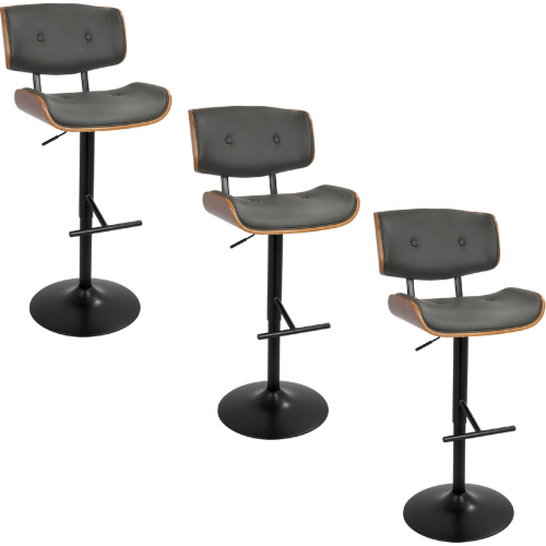 Lombardi Adjustable Swivel Bar Stool in Black Metal, Walnut Wood & Grey Leatherette (Set of 3)